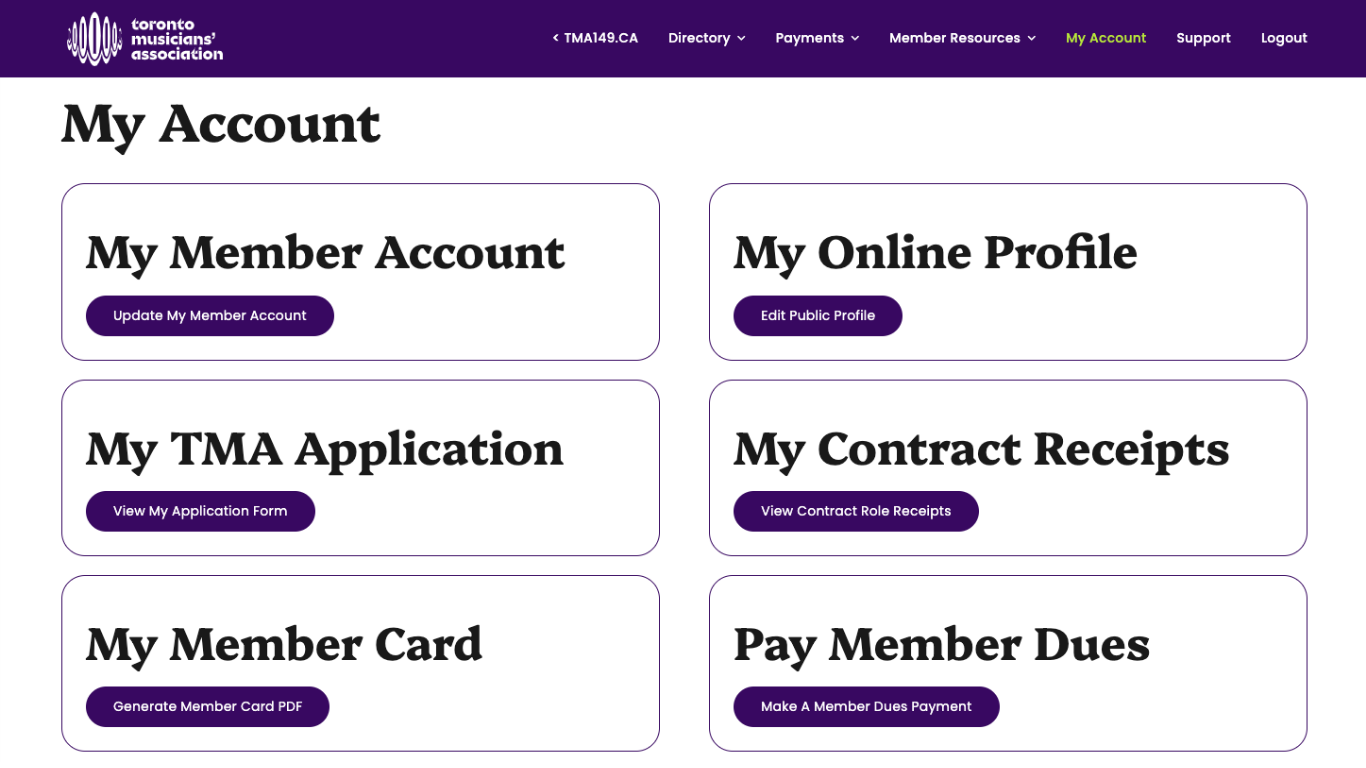 TMA member portal My Account page with options for account, contract receipts, member card and dues