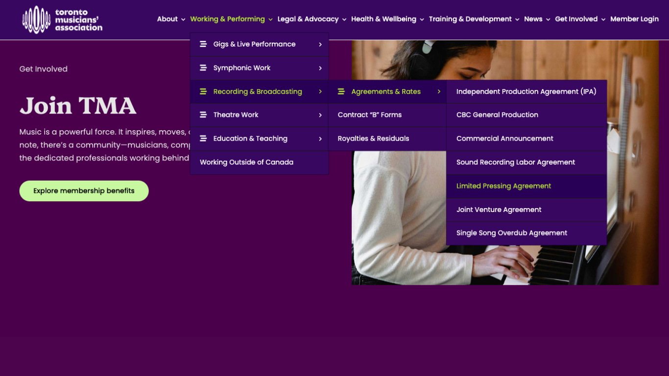 TMA public website with the Working and Performing menu open