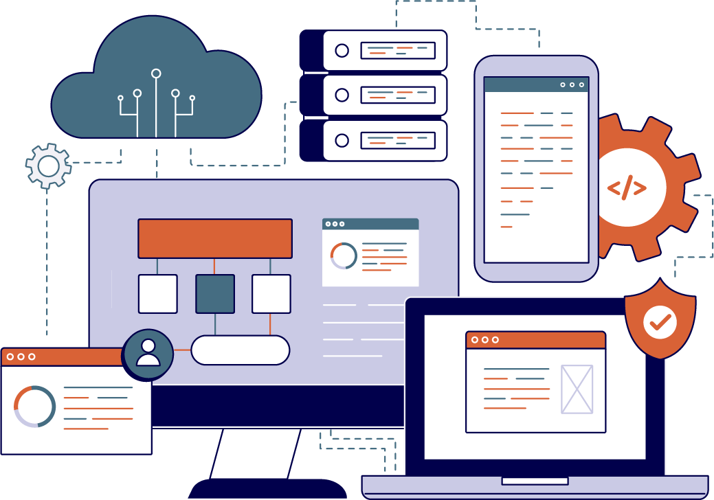 Illustration of connected computers, phones, servers and cloud services