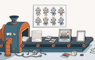 A conveyor belt producing social post cards and images beneath a grid of robot character variations