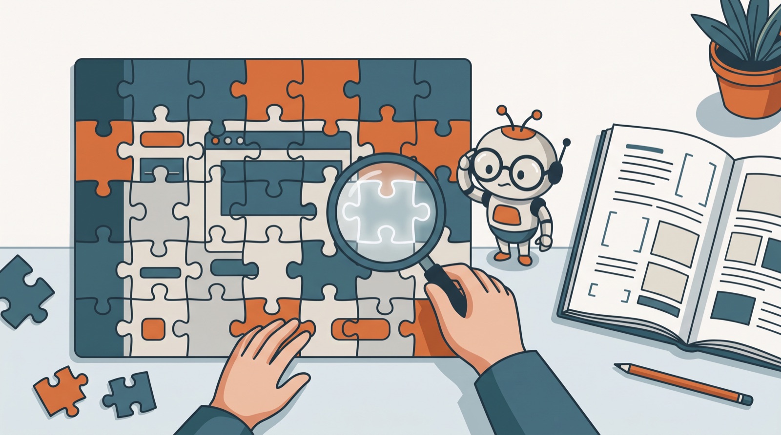 A magnifying glass over a ghostly puzzle piece in an almost-complete puzzle of a software screen