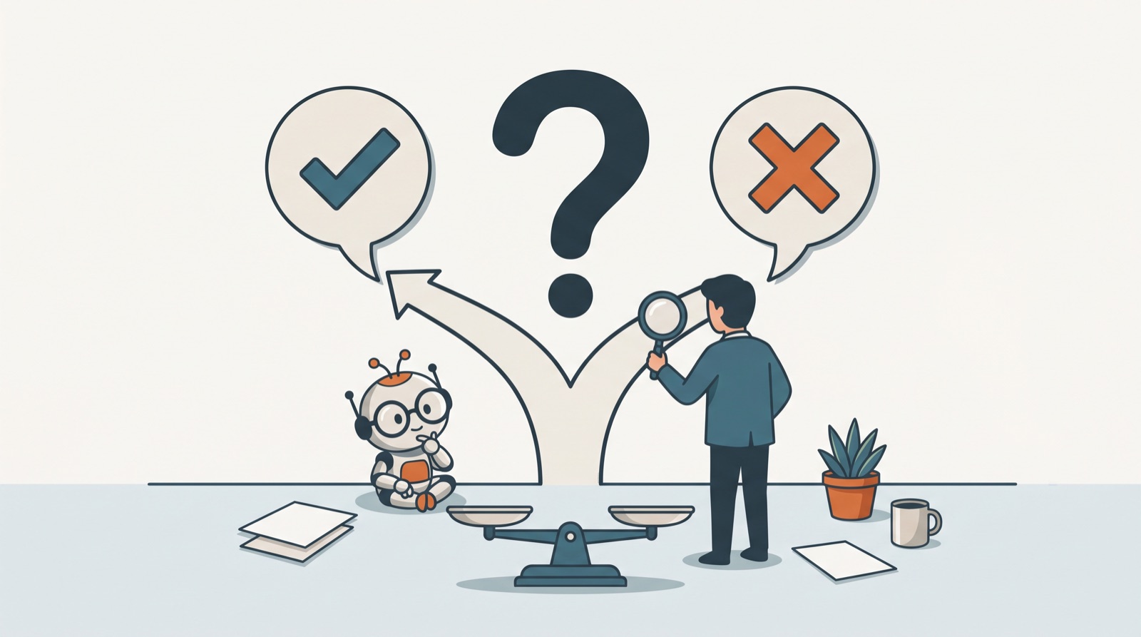 A question mark splitting into two speech bubbles with opposite answers, above a balanced scale