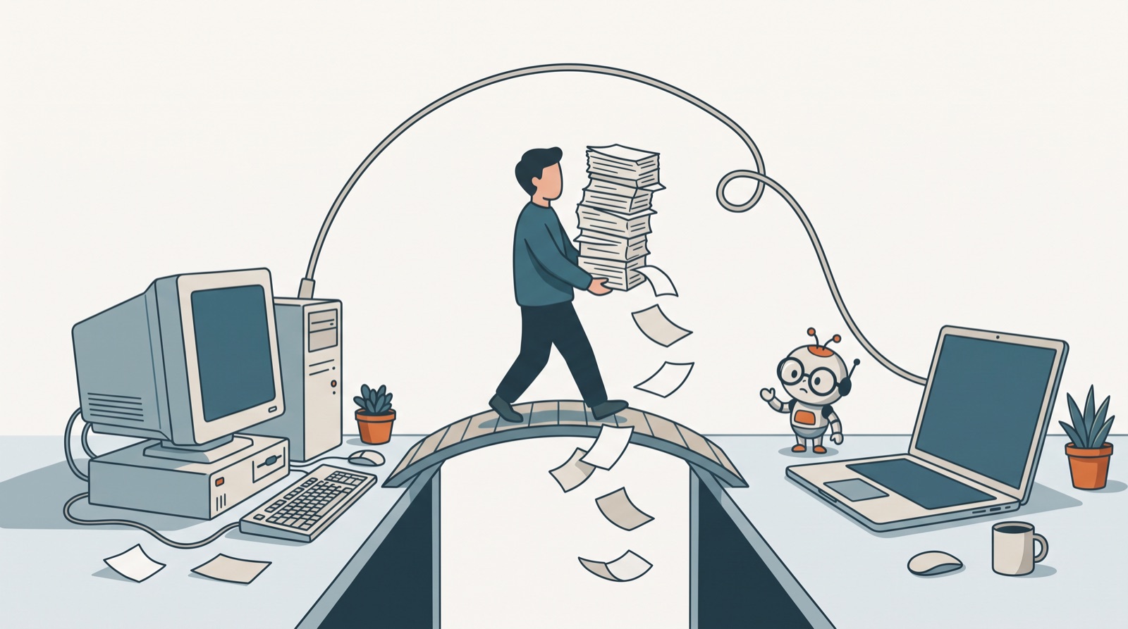 A person carrying a wobbly stack of pages by hand from a vintage computer to a modern laptop
