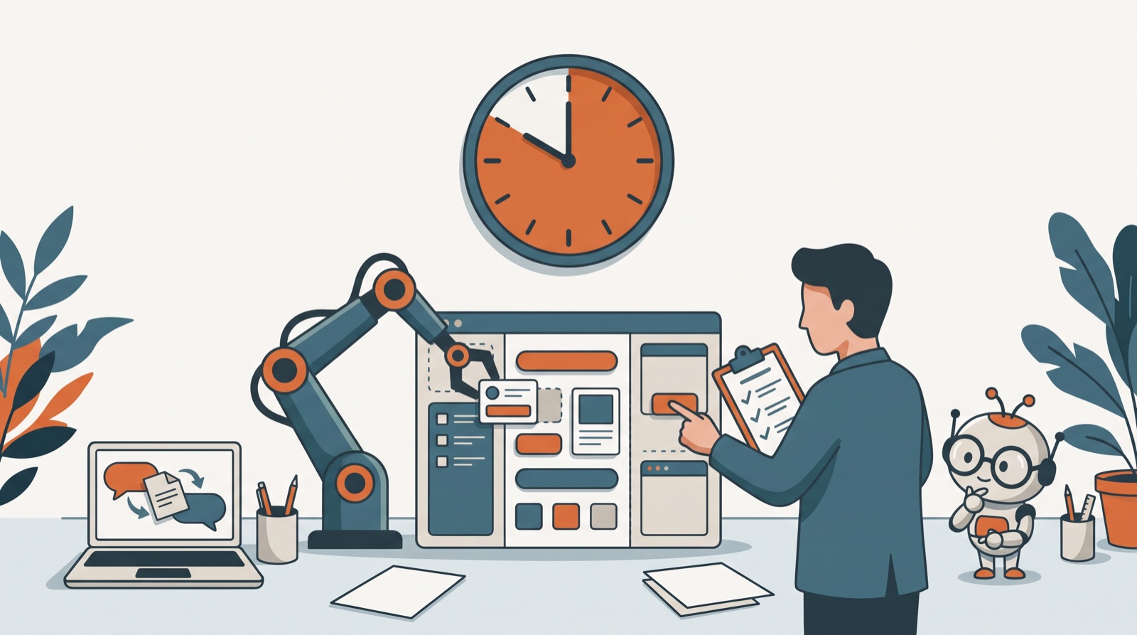 A robotic arm assembling a half-built app from blocks under a clock while a person reviews it with a clipboard