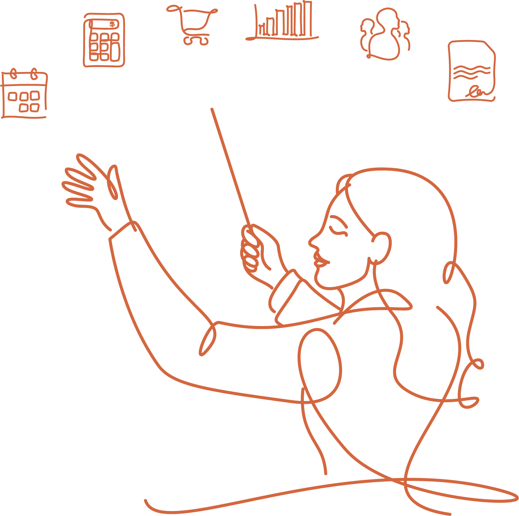 Line drawing of a conductor leading icons for scheduling, accounting, sales, reports, members and documents