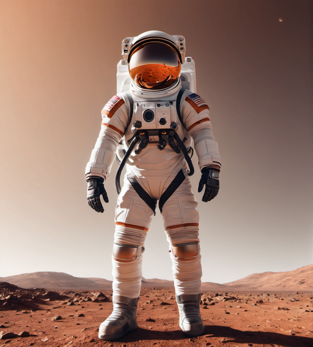 AI-generated image of an astronaut standing on a red, Mars-like landscape